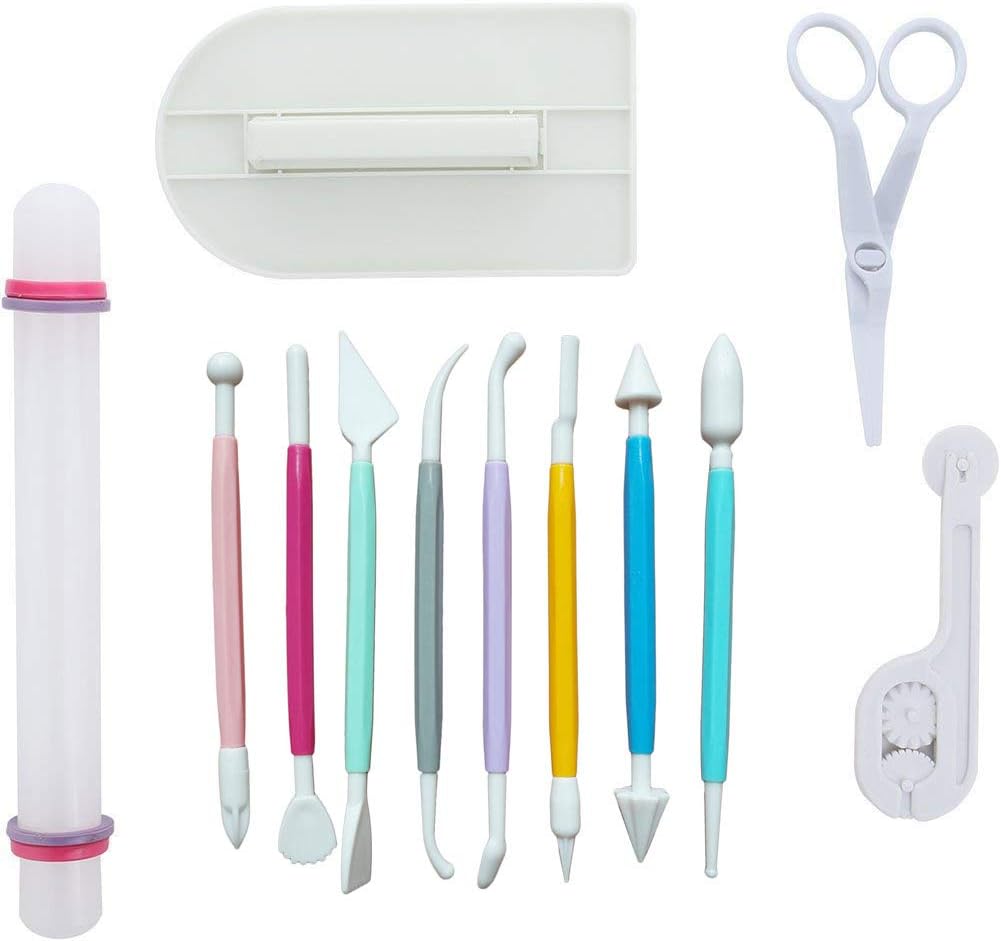 Marshmallow Fondant Cake Decorating Hand Tool 12 Pcs 5 Sets Sugarcraft Gumpaste Icing Smoother Rolling Pin Trimmer Cutter Embosser Flower Scissor Modelling Accessories Supplies Kit Multi
