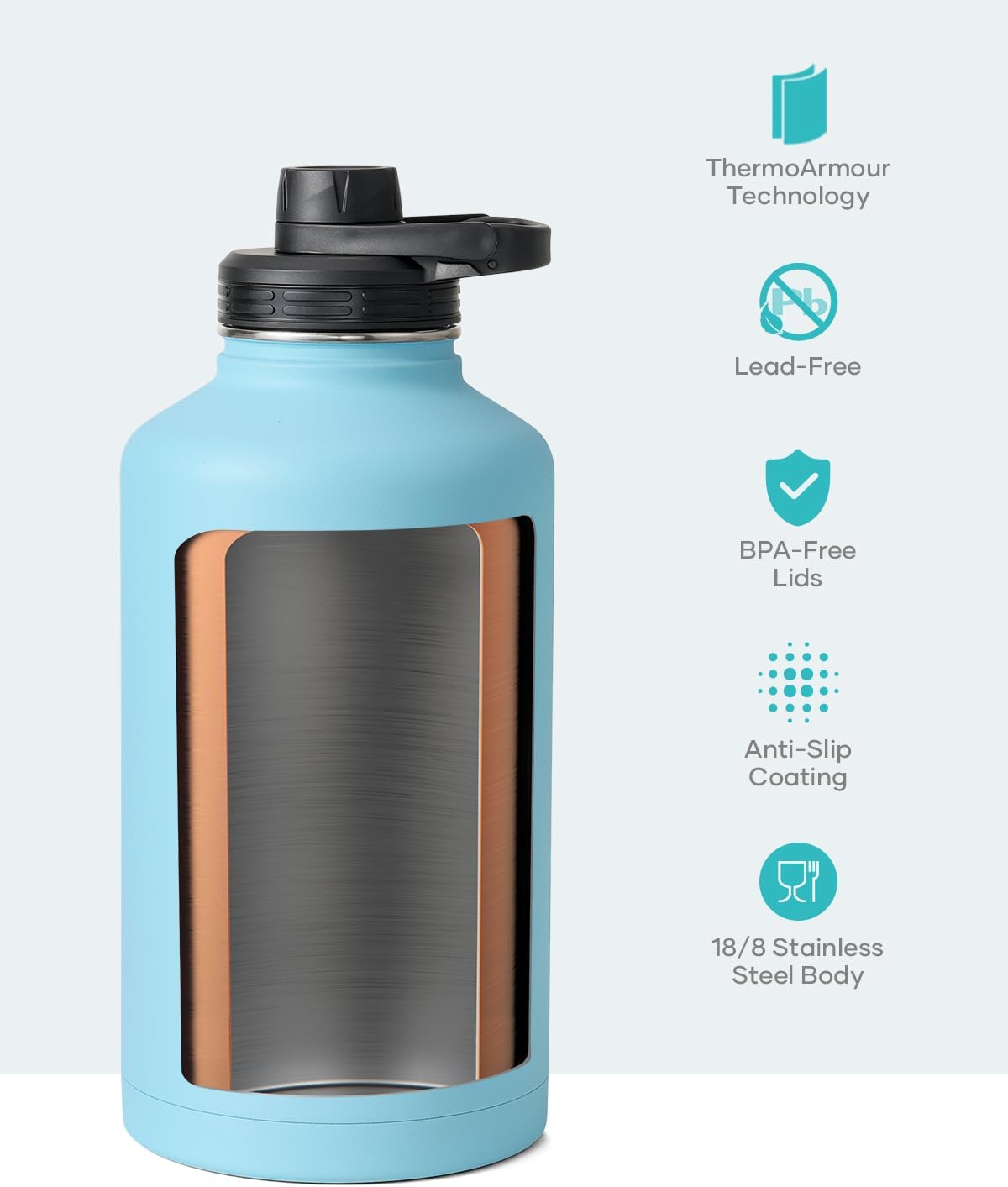 BUZIO 64 oz Water Bottle Insulated with Straw & 3 lid and Carrying Pouch, Leak Proof Half Gallon Stainless Steel Water Flask Jug, Cold for 48 Hrs Double Vacuum Thermo Canteen, BPA-Free, Blue