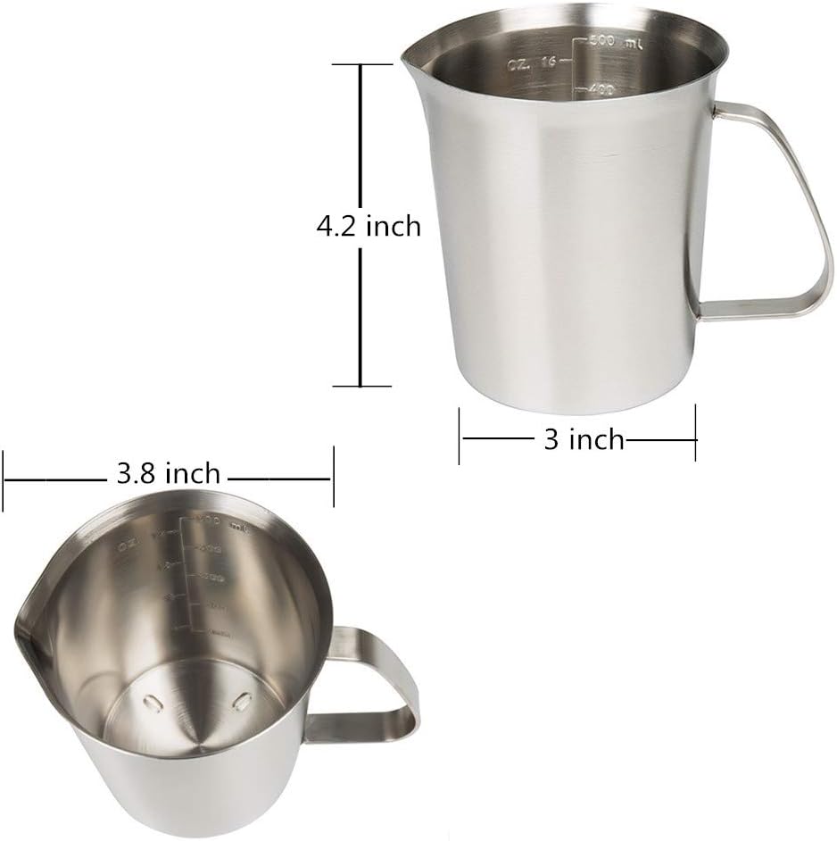 Measuring Cup, Stainless Steel Measuring Cup (16 Ounce/ 0.5 Liter- 2 Cup), Milk Frothing Pitcher, Steaming Pitcher, Milk Frothing Cup Jug with Marking with Handle for Espresso Machines, Latte Art