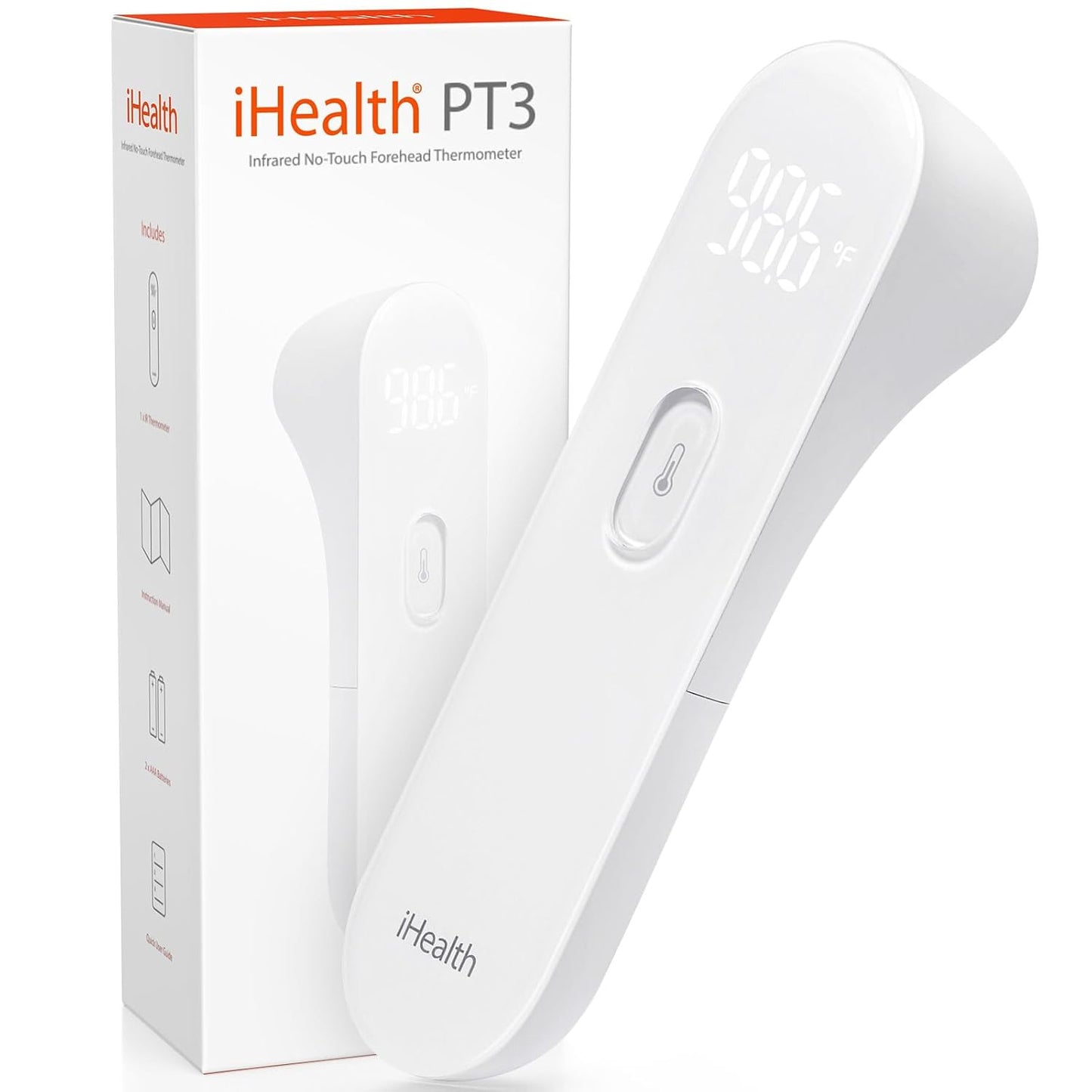 iHealth No-Touch Forehead Thermometer for Adults, Kids, Babies - FSA HSA Eligible, 3 Ultra-Sensitive Sensors, Quiet Vibration Feedback, Digital Large LED Digits, Easy to Use for Home & Nurses, PT3