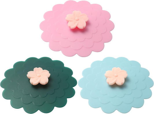 Peach blossom Silicone Cup Covers (Set of 3) ， Multicolored Silicone Lids for Mugs, Cups, Tea Pots,Flexible Mug Covers，Hot Cup Lids for Coffee & Tea