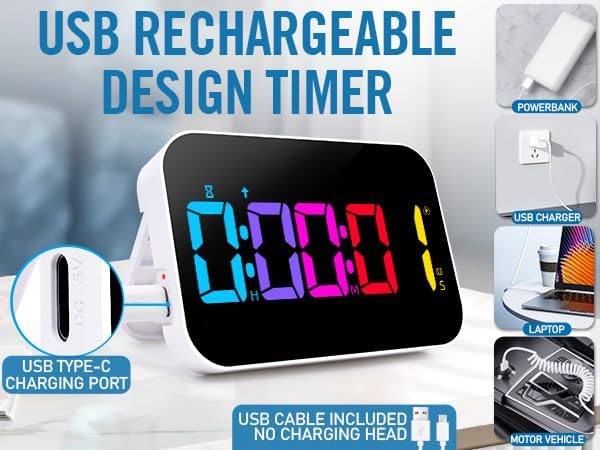Kitchen Timer （1.5" Number） 10 RGB Color Changing Digital Magnetic Timer, Countdown/Up, Rechargeabilit, 3 Brightness Display, 3 Volume Levels and Vibration Mode, for Classroom, Study, Fitness
