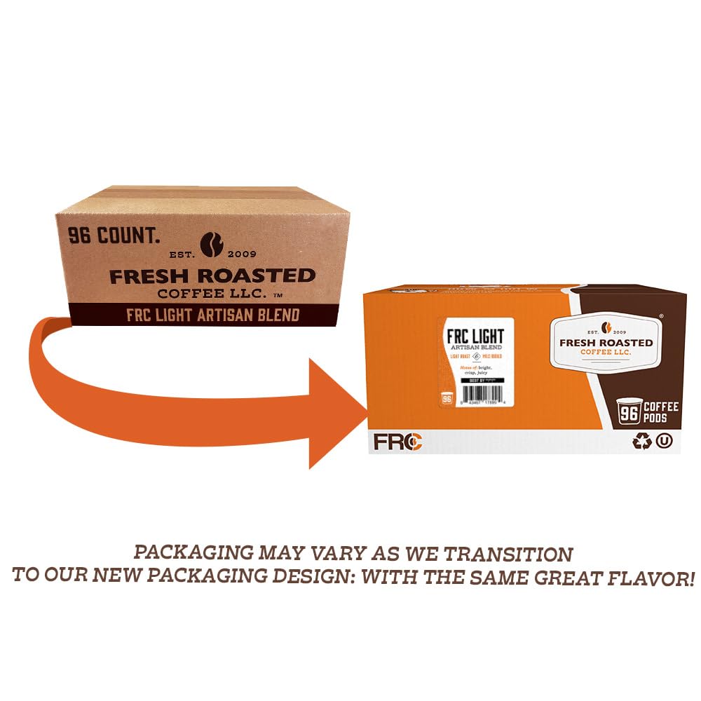 Fresh Roasted Coffee, FRC Light Roast Blend, Artisan Blend, 96 Pods for K Cup Brewers