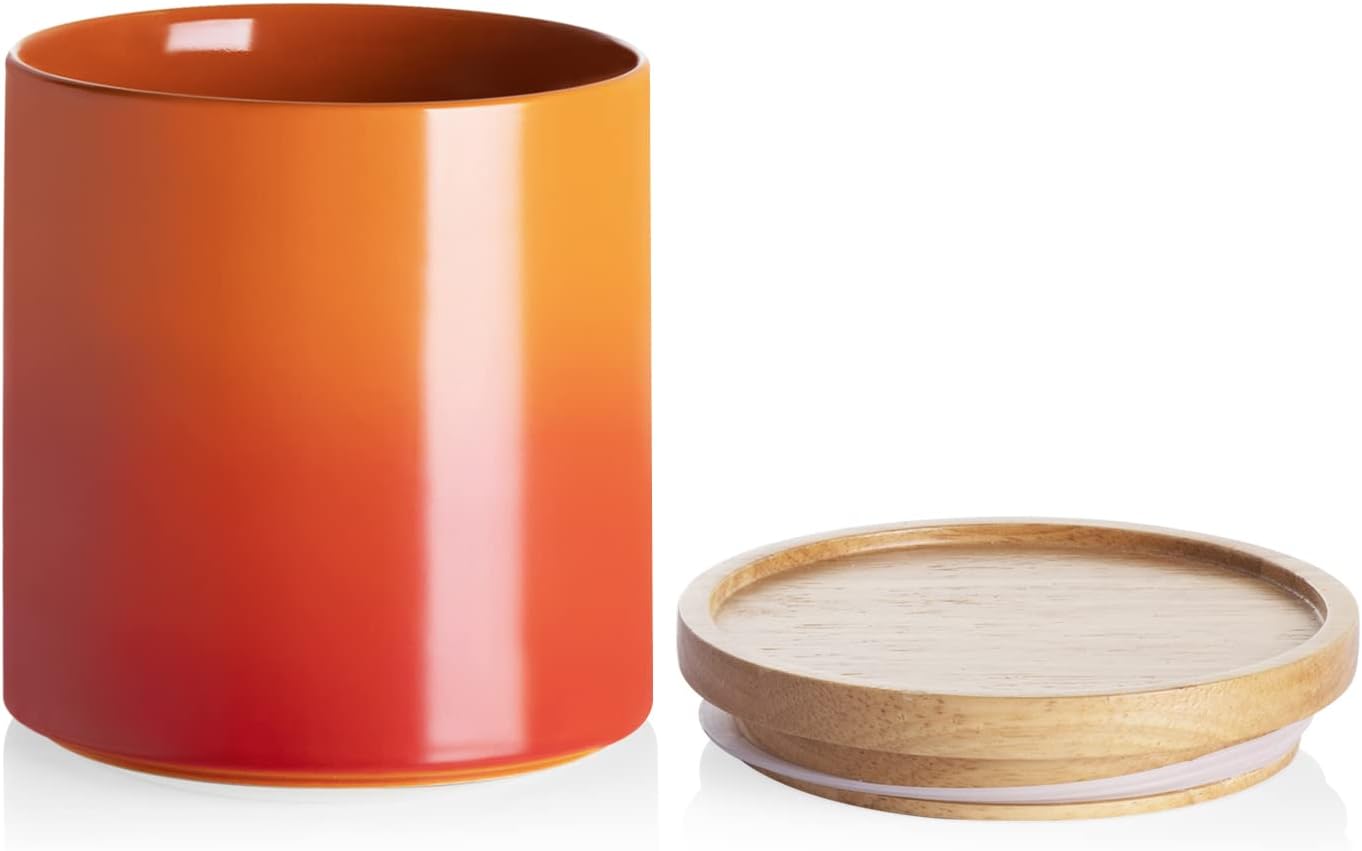 Sweejar Ceramic Food Storage Jar, Stackable Kitchen Canisters, Containers with Airtight Seal Wooden Lid for Serving Ground Coffee, Tea, Sugar, Salt and More - 16 Fl Oz (Gradient Orange)