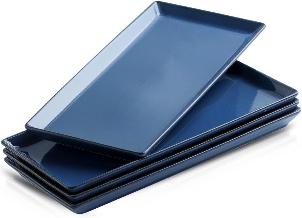 KOOV Ceramic Serving Tray, 14 Inches Large Serving Platter, Rectangular Serving Tray, Porcelain Serving Plates, Ceramic Serving Dishes for Dinner, Party, Sushi, Dessert, Food, Set of 4 (Stone Blue)