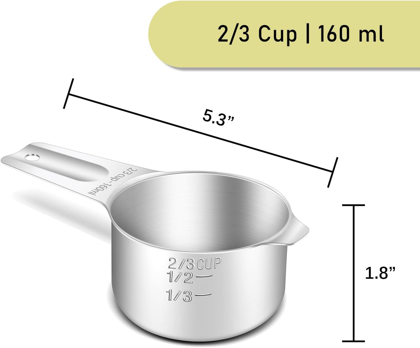 2PCS 2/3Cup (160ml, 5.3oz) Single Measuring Cup, Stainless Steel Measure Scoop, Metric and US Measurement, Heavy Duty, Dishwasher Safe