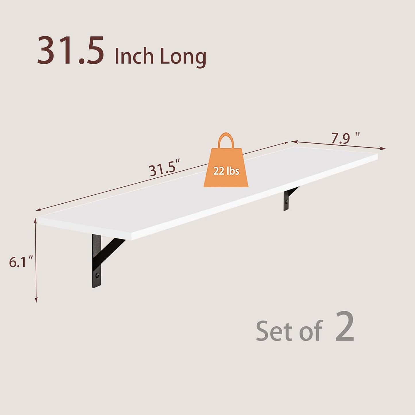 DINZI LVJ Long Wall Shelves, 31.5 x 7.9 x 6.1 Inches, Set of 2 White Floating Shelves, Easy-to-Install, Large Storage Ledges with Sturdy Metal Brackets for Living Room, Bathroom, Bedroom, Kitchen