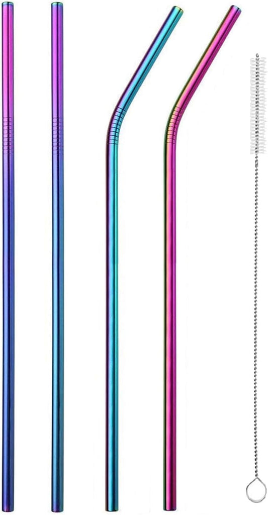 VEHHE Metal Straw Stainless Steel Straws Drinking Reusable Straws 4 Set -10.5" Ultra Long Rainbow Color-Cleaning Brush for 20/30 Oz for Yeti RTIC SIC Ozark Trail Tumblers (2 Straight|2 Bent|1 Brush)