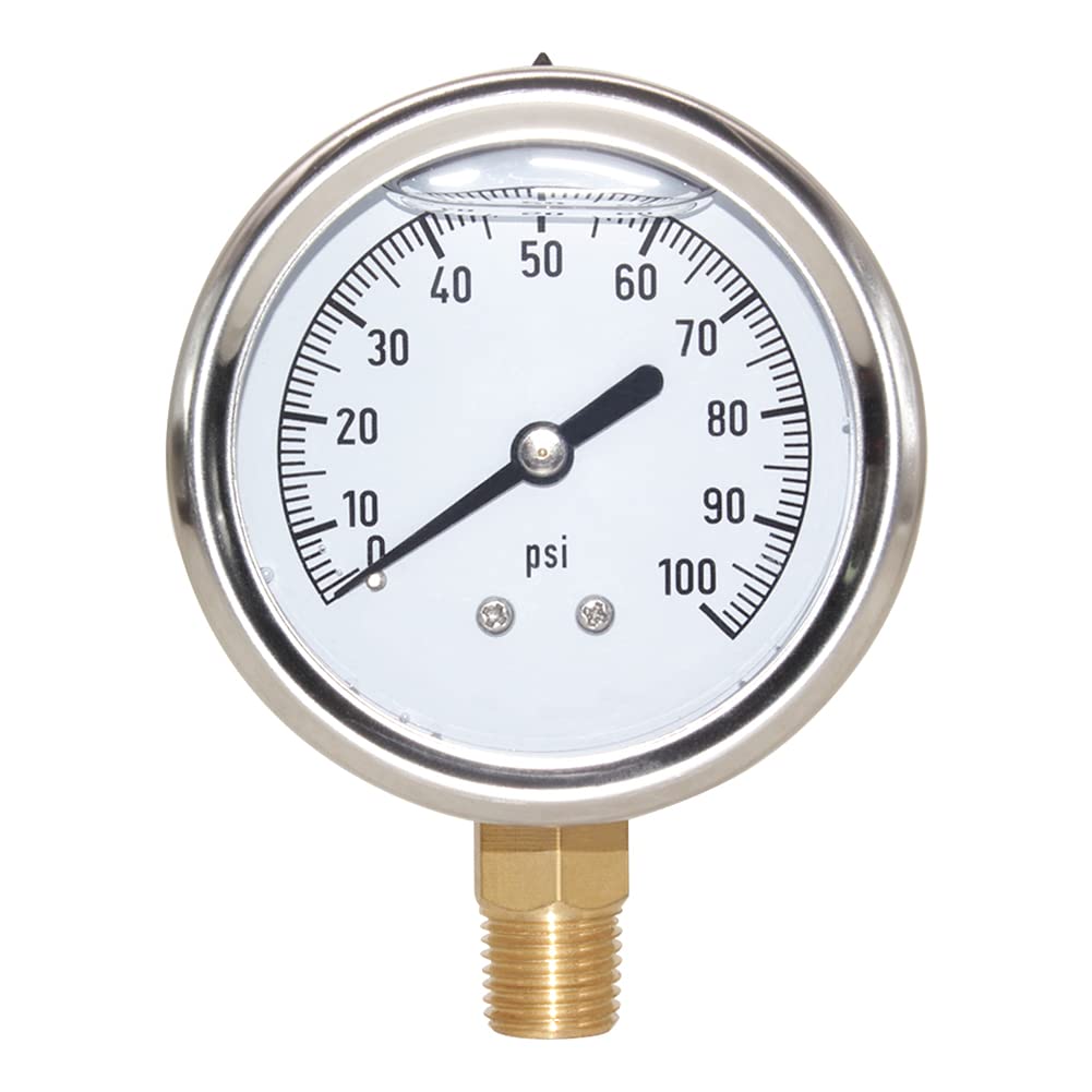 2-1/2" Dial 1/4" NPT 0~100Psi 304 Stainless Steel Glycerin Filled Pressure Gauge Bottom Mount
