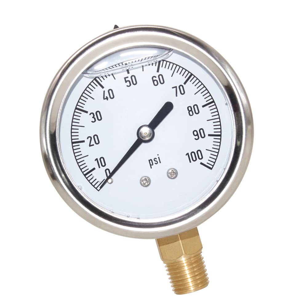 2-1/2" Dial 1/4" NPT 0~100Psi 304 Stainless Steel Glycerin Filled Pressure Gauge Bottom Mount