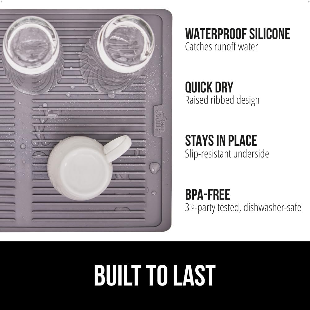 GORILLA GRIP 100% BPA-Free Patented Silicone Dish Drying Mat for Kitchen Counter, 18x24 Inch, Water Catching Ribbed Design, Easy Clean Waterproof Sink Liner, Heat Resistant, Fits Under Rack, Gray