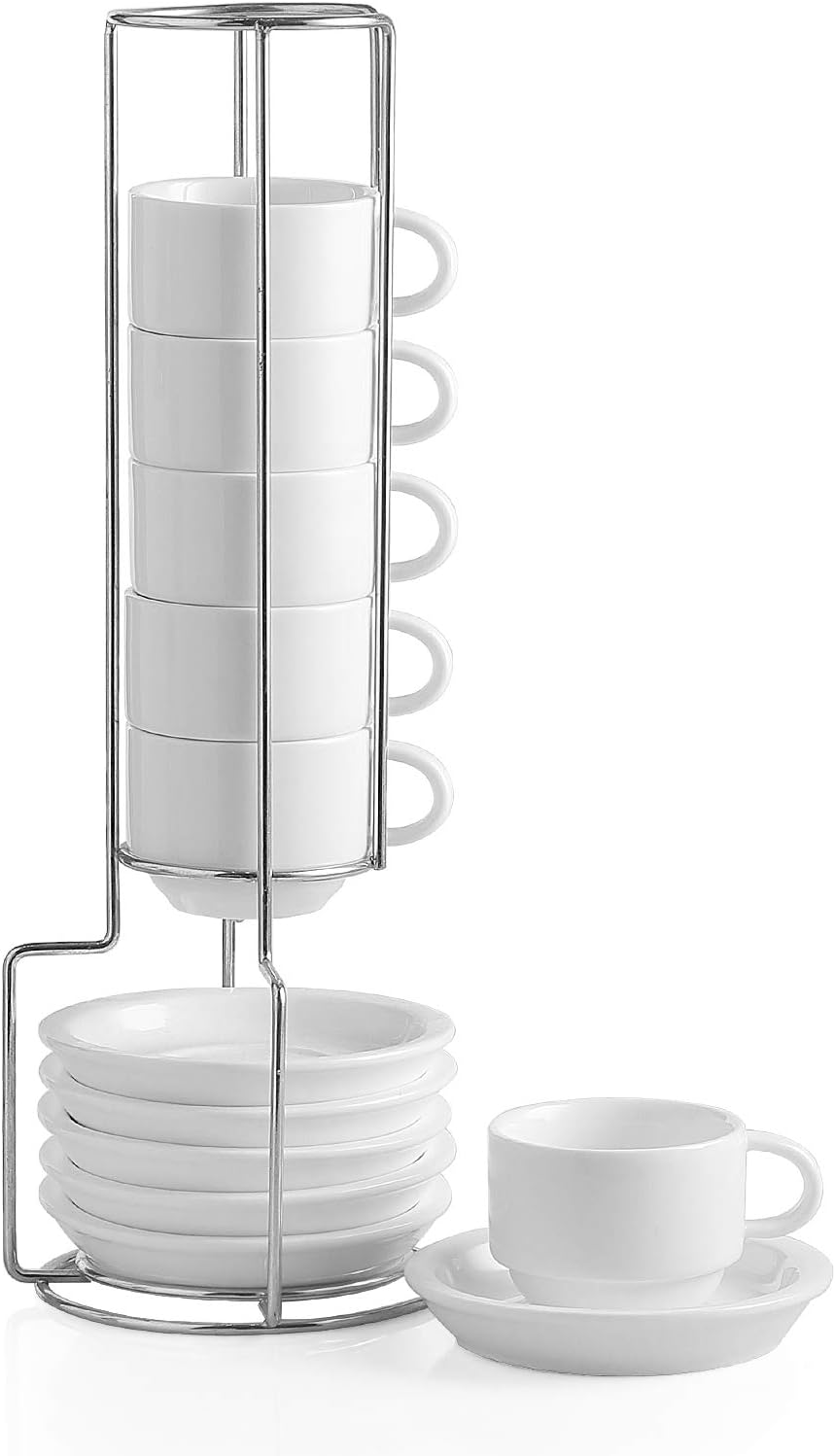 Sweejar Porcelain Espresso Cup & Saucer Set, Stackable Demitasse Cups with Metal Stand, 2.5 OZ for Latte,Coffee,Cafe Mocha,Tea, Set of 6(White)