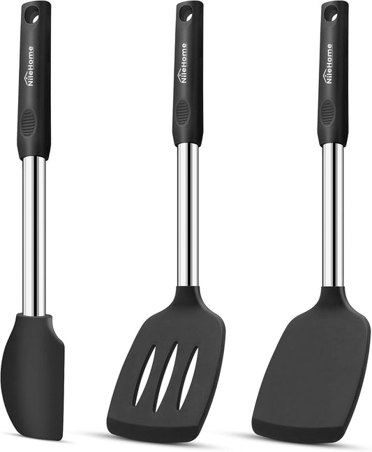 NileHome Pack of 3 Spatulas Silicone Heat Resistant, Cooking Utensils Set, Silicone Spatula BPA Free Cooking Utensils, Ideal Cookware for Fish, Eggs, Pancakes (Black)