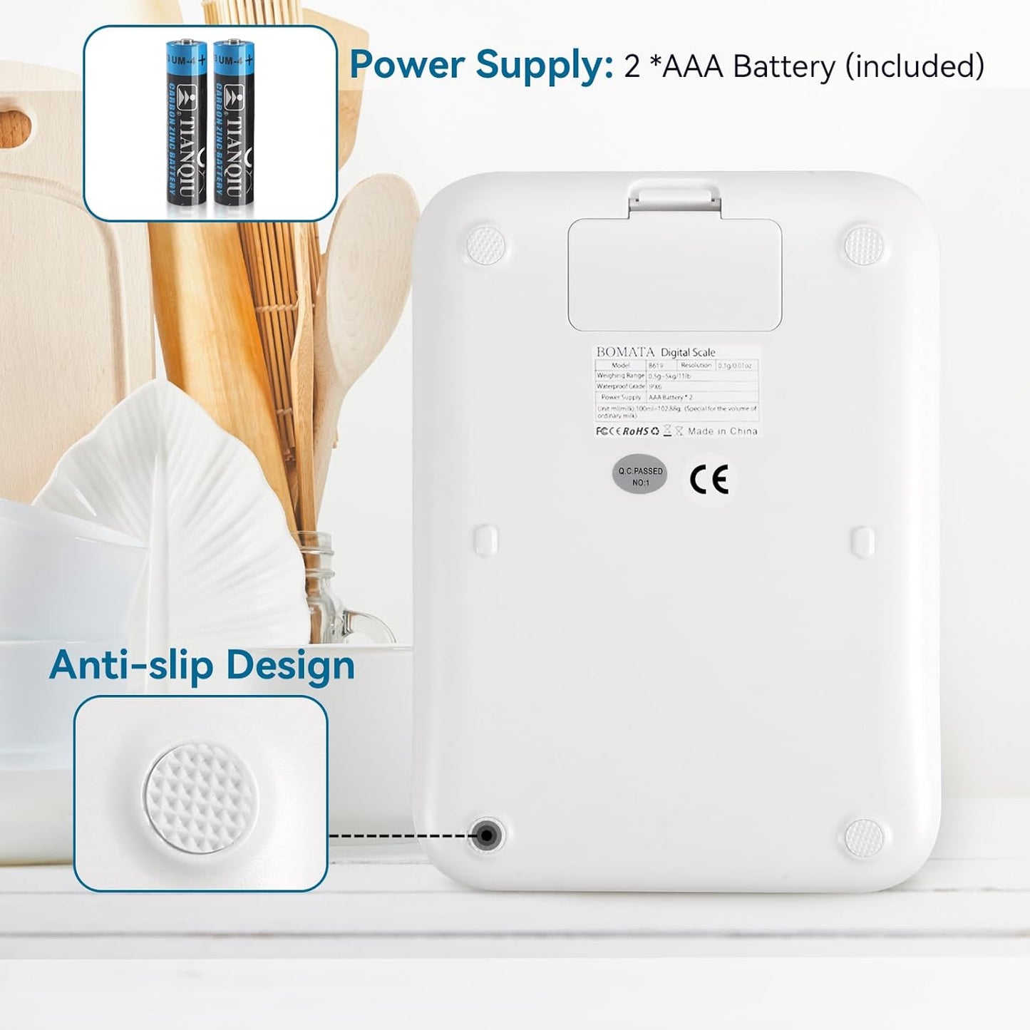 BOMATA Waterproof IPX6 Kitchen Scale, 0.1 g/0.01 oz High Precision, 5 kg/11 lbs, Digital Scale with Backlight, Stainless Steel Weighing Platform, for Food, Cooking, Baking, Weight Loss.. B619, White