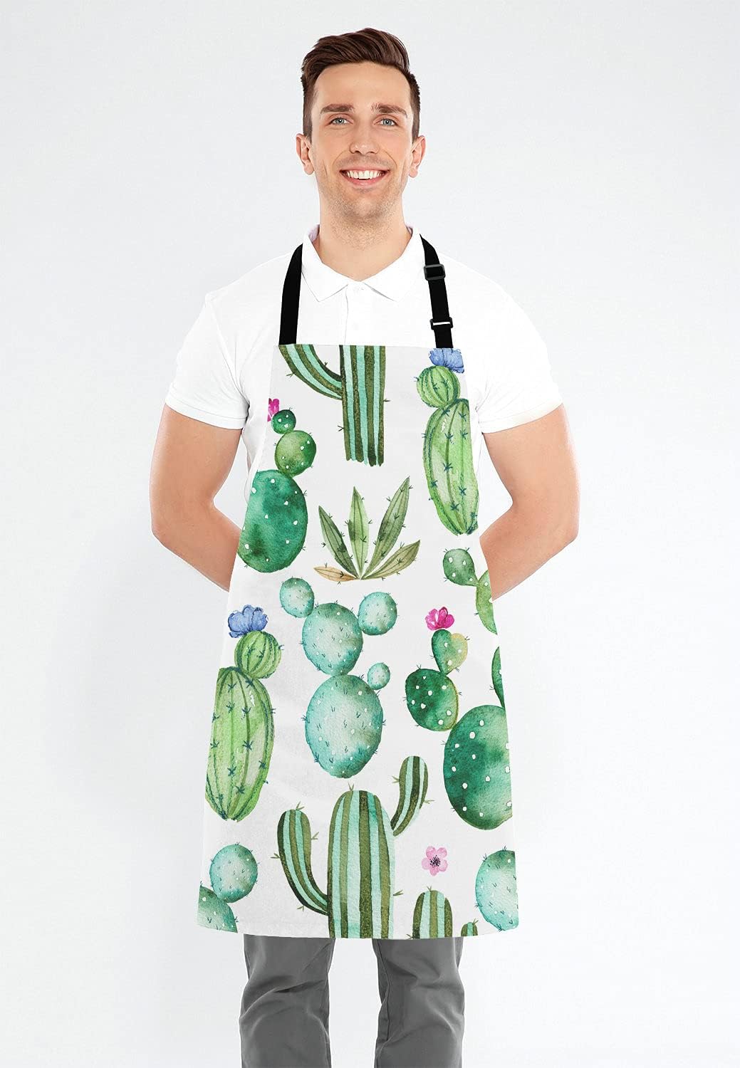Cactus Adjustable Bib Apron, Tropical Watercolor Cactus Plants Cooking Kitchen Apron for Men Women