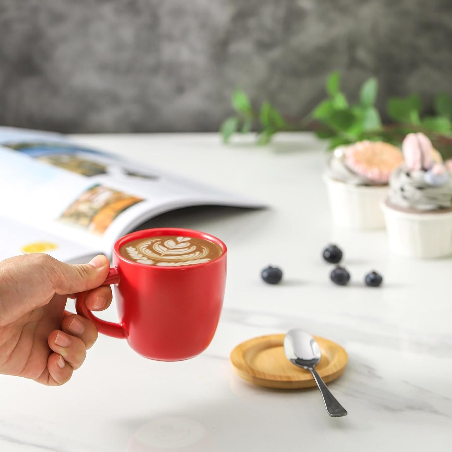 Hasense Cappuccino Cups with saucers, 6 Ounce Ceramic Coffee Mugs Set of 6 Perfect for Espresso, Specialty Coffee Drinks, Latte, Cafe Mocha and Tea, Red
