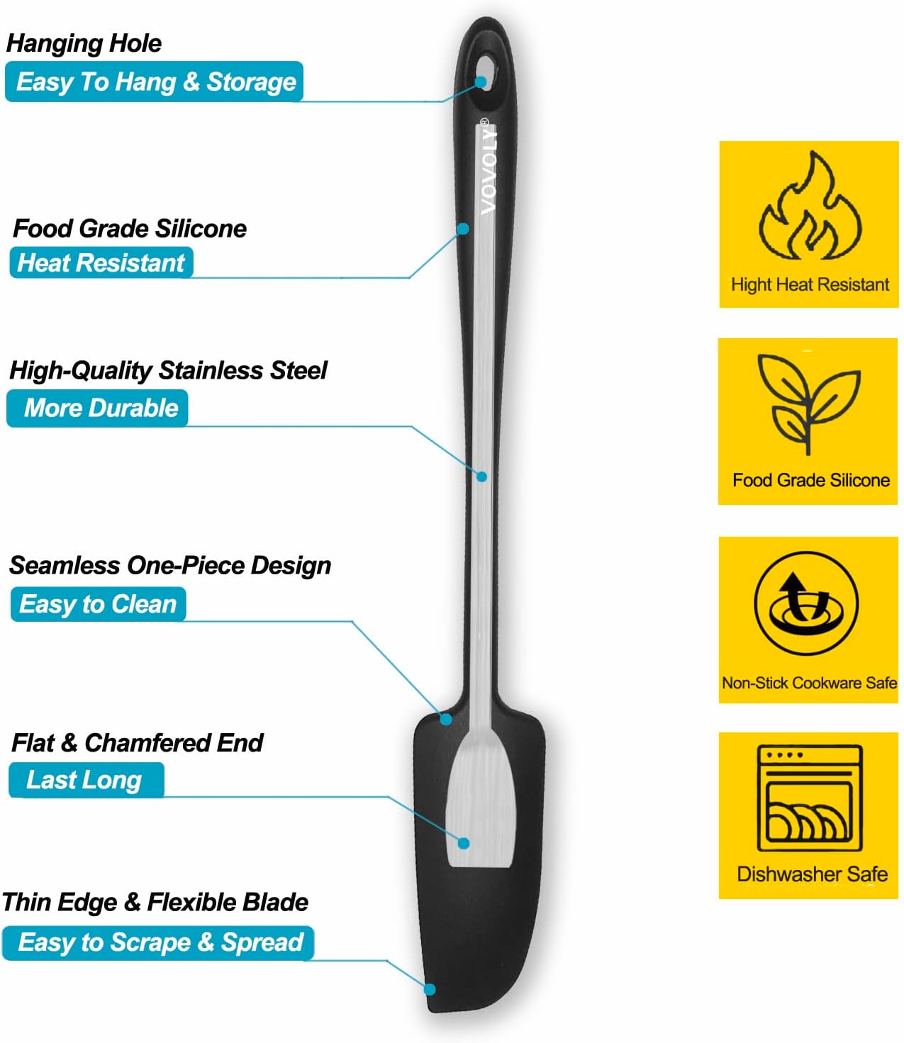 2-Pack Vovoly Silicone Jar Spatulas, Small Seamless Design Rubber Scraper with Stainless Steel Core, Heat Resistant and Non-Stick Mini Spatula for Jars and Blenders, BPA Free,11 IN, Black