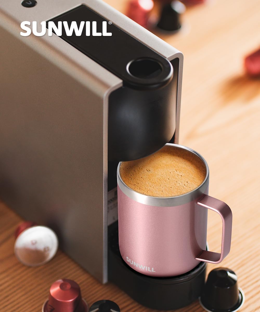 SUNWILL Travel Coffee Mug with Lid, Insulated Tumbler with Handle, 14 oz Stainless Steel Cup for Ice, Water, Tea, Rose Gold