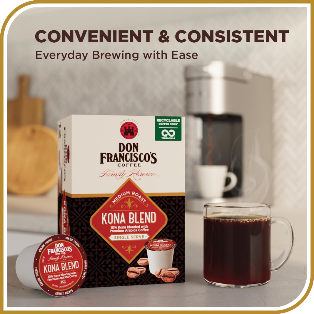 Don Francisco's Kona Blend Coffee - 55 K-Cup Compatible Single-Serve Pods - 10% Hawaiian - Recyclable through TerraCycle - Compatible with Keurig Brewers