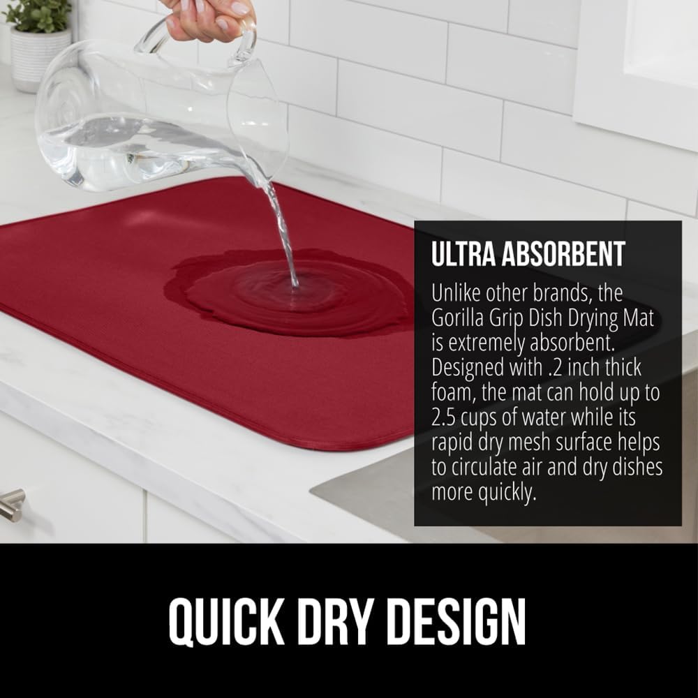 GORILLA GRIP Ultra Water Absorbent Microfiber Dish Drying Mat, 18x24, Quick Dry Thick Mesh, Slip Resistant Pad for Sink Dishes or Under Rack, Kitchen Counter Accessories, Machine Wash, 2 Pack Red