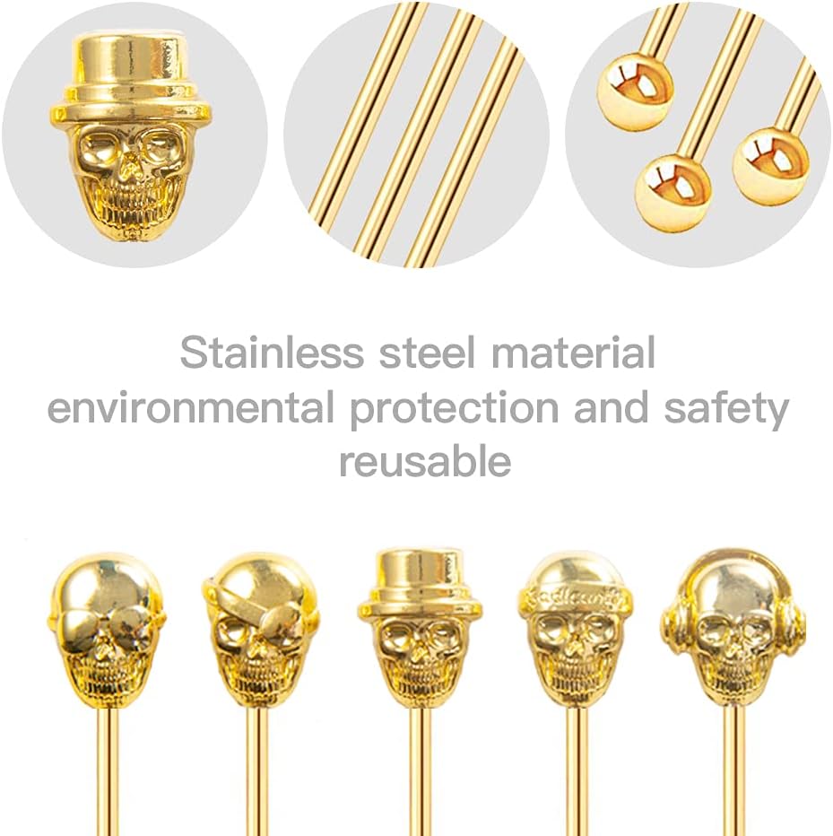Skull Shape Swizzle Sticks, Reusable Stainless Steel Coffee Beverage Stirrers Cocktail, 5-Pack Drink Stir Sticks for Bar Party Home Office (Gold)