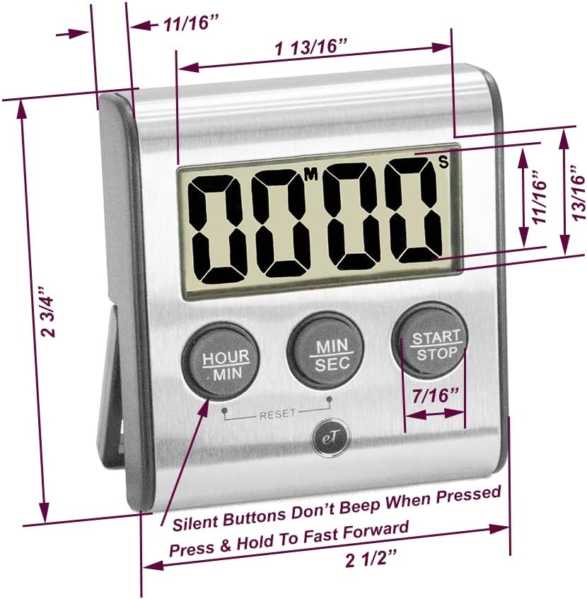 Elegant Digital Kitchen Timer, Stainless Steel Model eT-78, Displays 0-99 Min. or 0-99 Hr., Super Strong Magnet, Volume Switch for Mute/Soft/Loud Alarm, Auto Shut Off, Auto Memory by eTradewinds
