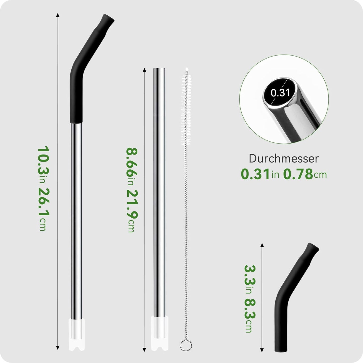 Snowfall 2 Pcs Replacement Metal Straws for Stanley 14 OZ, 20 OZ Tumbler, Stainless Steel Straws with Silicone Tip for 20 OZ Tumbler, Straw Brush (Cream Gray)