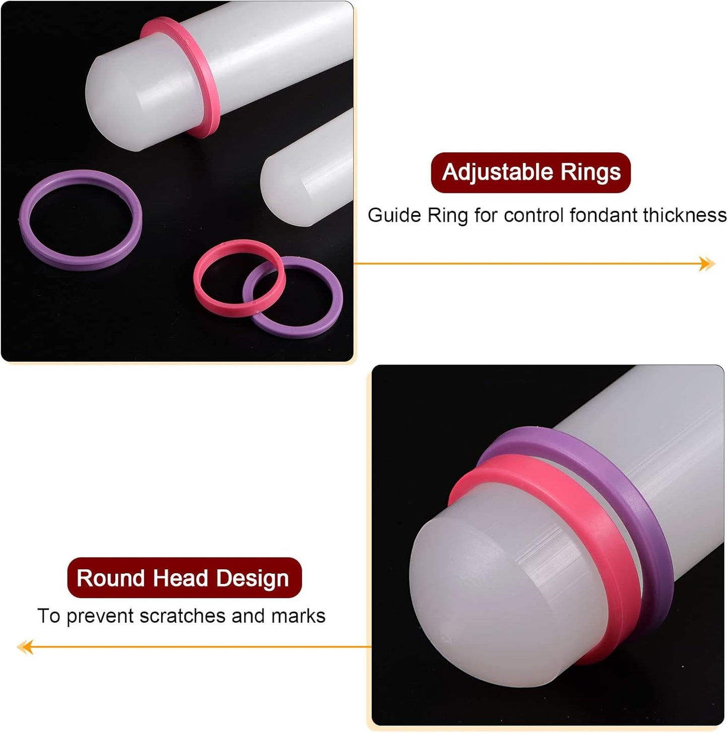 HARFINGTON 2pcs Fondant Rolling Pin 20 Inch x 0.98 Inch Adjustable Guide Rings Non-Stick PP Plastic Fondant Roller Dough Roller Kitchen Decorating Tools for Cookie Pastry Pizza Clay