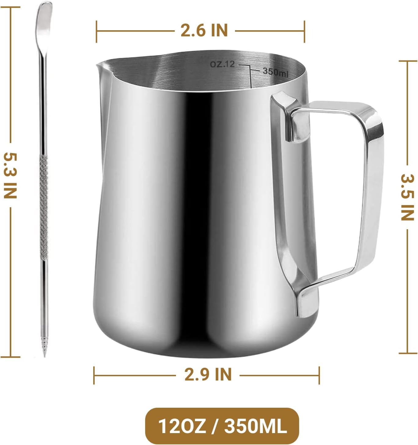 Milk Frothing Pitcher, 350ml/600ml (12oz/20oz) Milk Frother Cup Stainless Steel Jug Steaming Pitcher, Milk Coffee Cappuccino Latte Art Barista Steam Pitchers Milk Jug Cup with Decorating Pen
