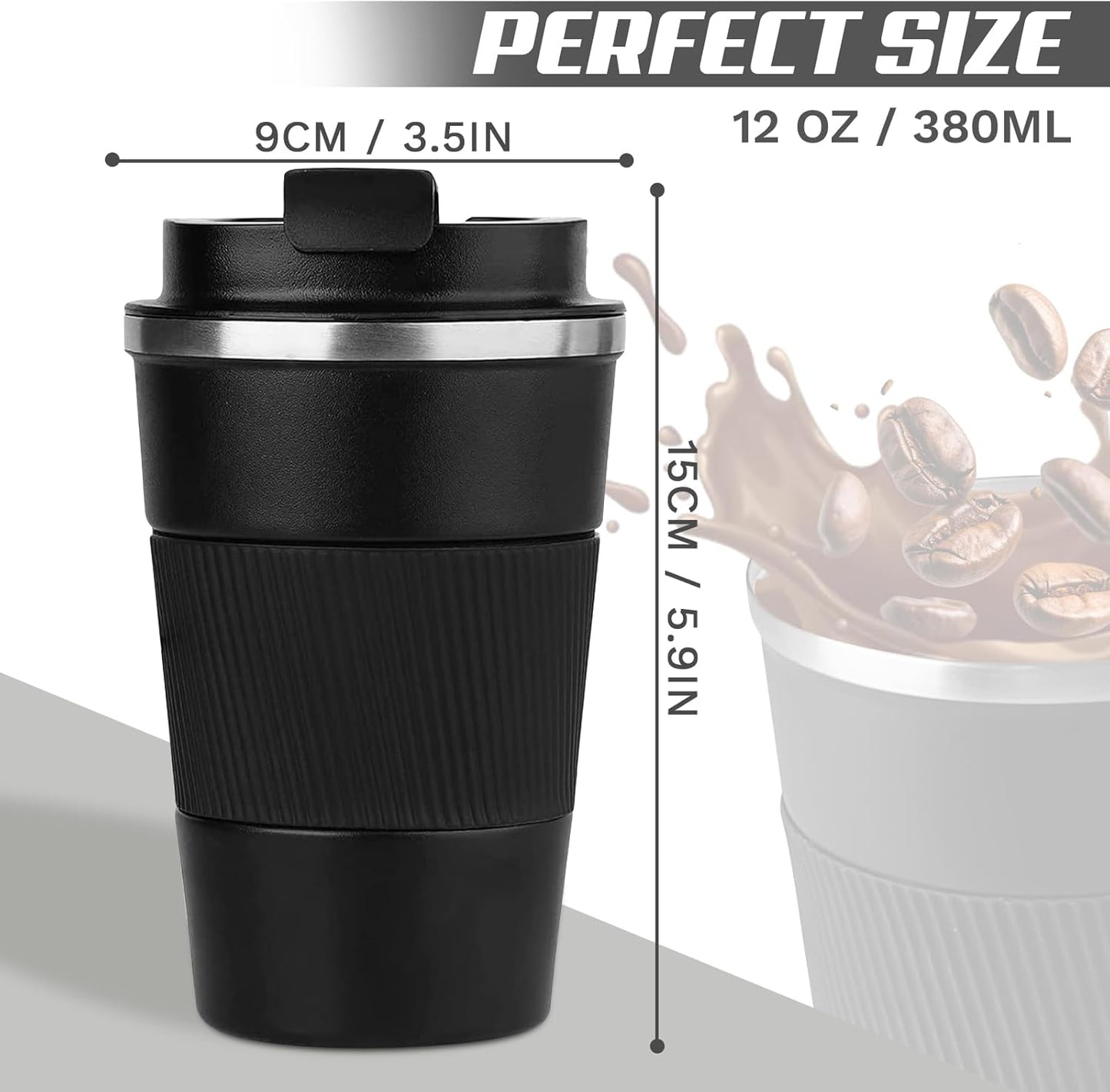 Vacuum-Insulated Stainless Steel Travel Coffee Mug, Leak-Proof Reusable Coffee Cup with Lid - Keep Hot & Cold Drinks for Hours, Durable Thermos Tumbler for Men & Women (3rd-Black, 12OZ)