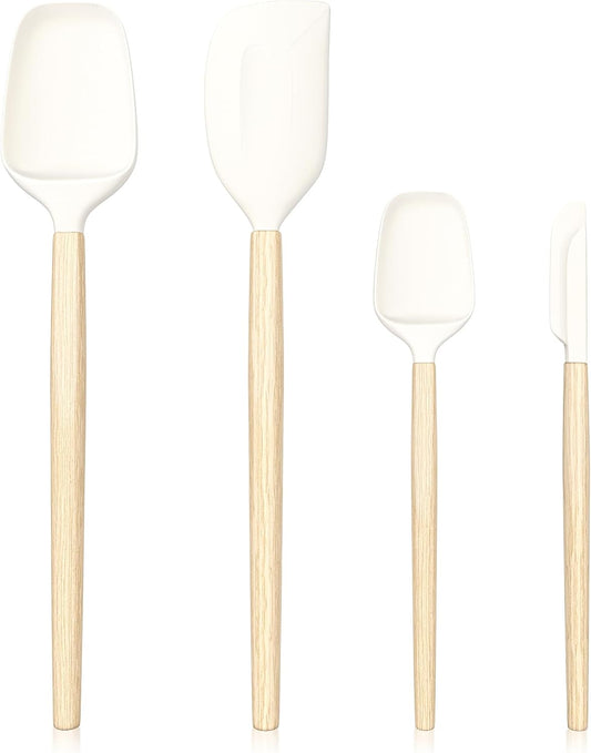 Wooden Handle Silicone Rubber Spatula Set for Kitchen Baking, Cooking, and Mixing High Heat Resistant Non Stick Dishwasher Safe BPA-Free Black+blue Set of 2 (Wooden Handle Spatula 4Piece)