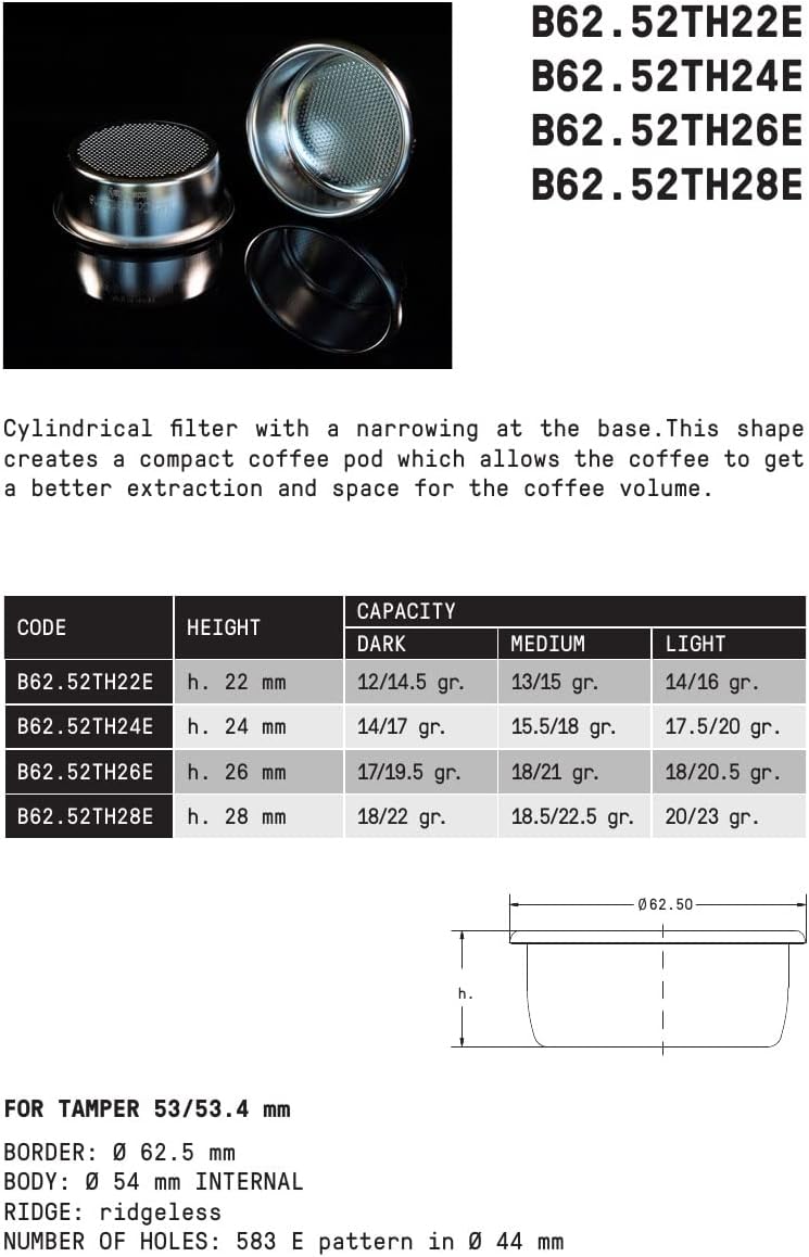 IMS Precision 18-22 g filter basket B62.52TH28E compatible with 54mm Breville Sage Express, Bambino, Bambino Plus, Barista Pro, Impress, Barista Touch, Infuser. Doesn't fit JET model