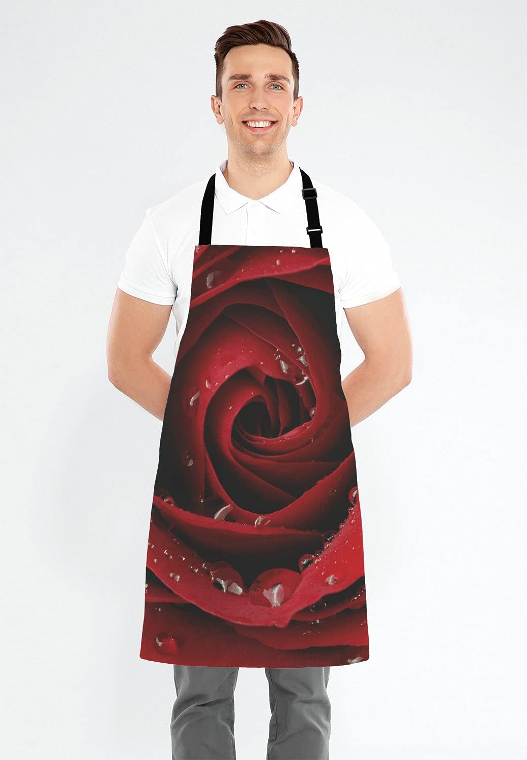 Dark Red Rose with Water Droplets Apron Home Kitchen Waterproof Cooking Baking Gardening for Women Men