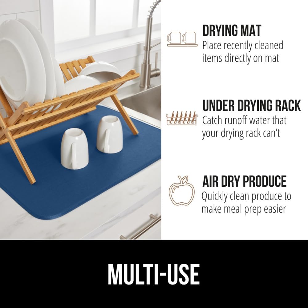 GORILLA GRIP Ultra Water Absorbent Microfiber Dish Drying Mat, 18x32, Quick Dry Thick Mesh, Slip Resistant Pad for Sink Dishes or Under Rack, Kitchen Counter Accessories, Machine Wash, Blue