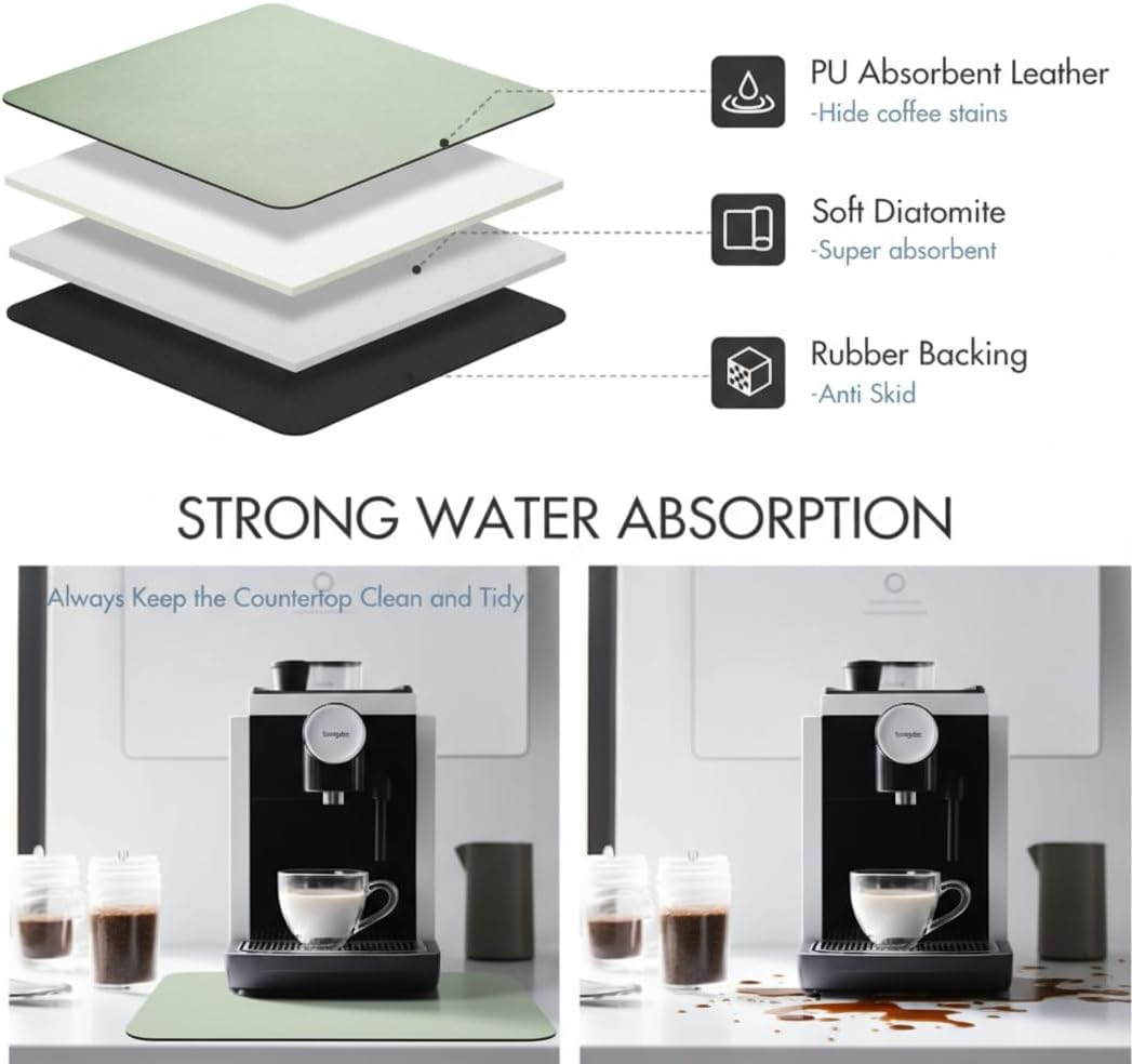 Dish Drying Mat Super Absorbent – 24" x 16" Coffee Mat for Countertops – Non-Slip Drying Mat for Kitchen Counter – Easy to Clean Water Absorbent Mat – Large Dish Drying Mats (Sage)