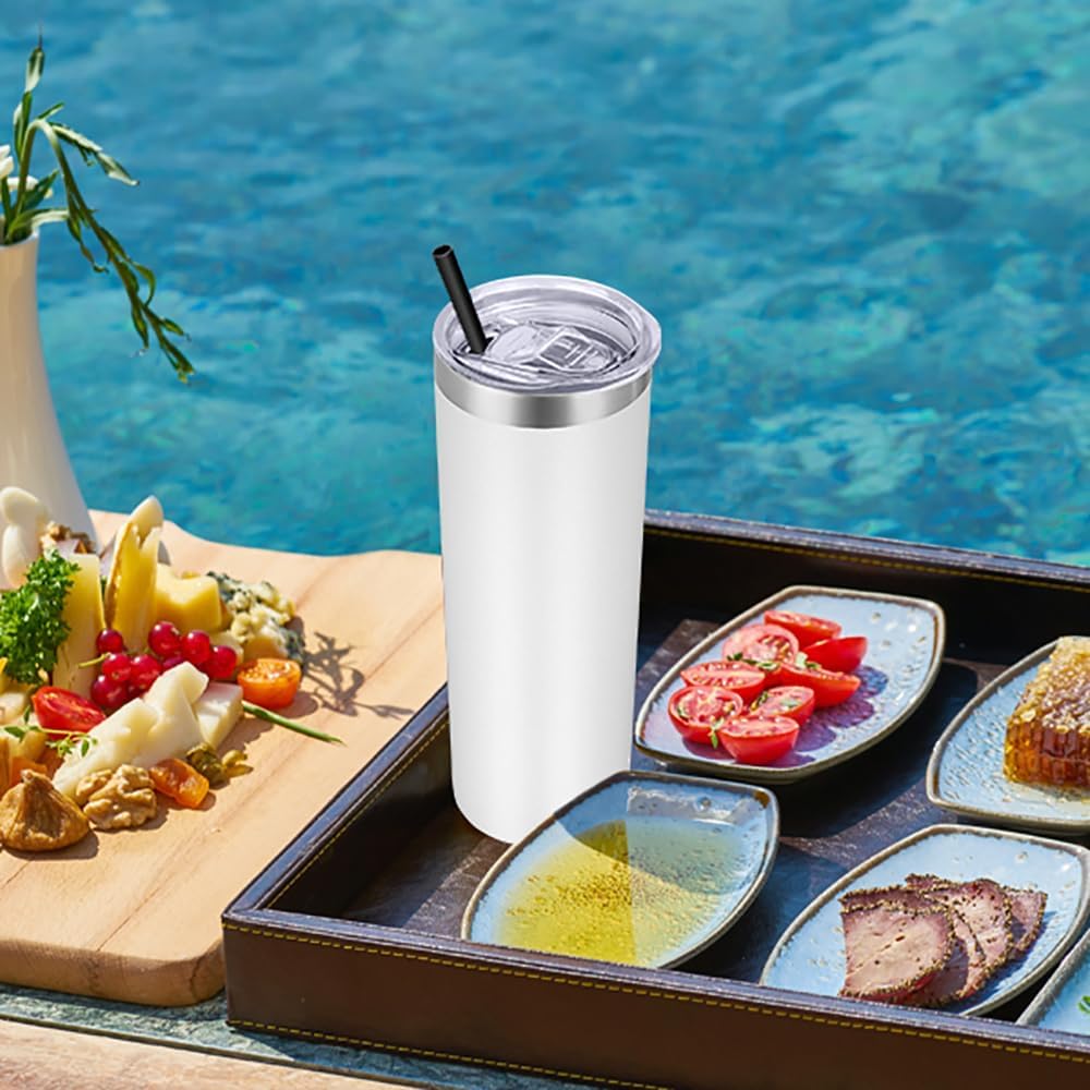 VEGOND Stainless Steel Tumblers Bulk 6 Pack, 20 oz Vacuum Insulated Skinny Tumblers with Lid and Straw, Double Wall Coffee Mug, Travel Water Cup, White