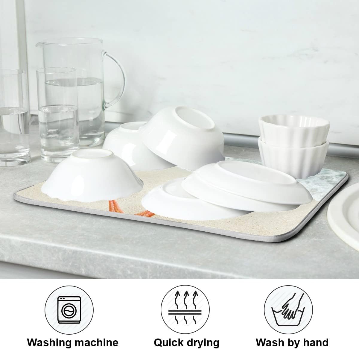 Sweetshow Summer Beach Dish Drying Mat 16 x 18 Inch Sea Wave Shells Starfish Drying Mat with High Absorbent Reversible Microfiber Kitchen Mat Dish Rack Pad Dish Drainer Mat Kitchen Counter Coffee Bar