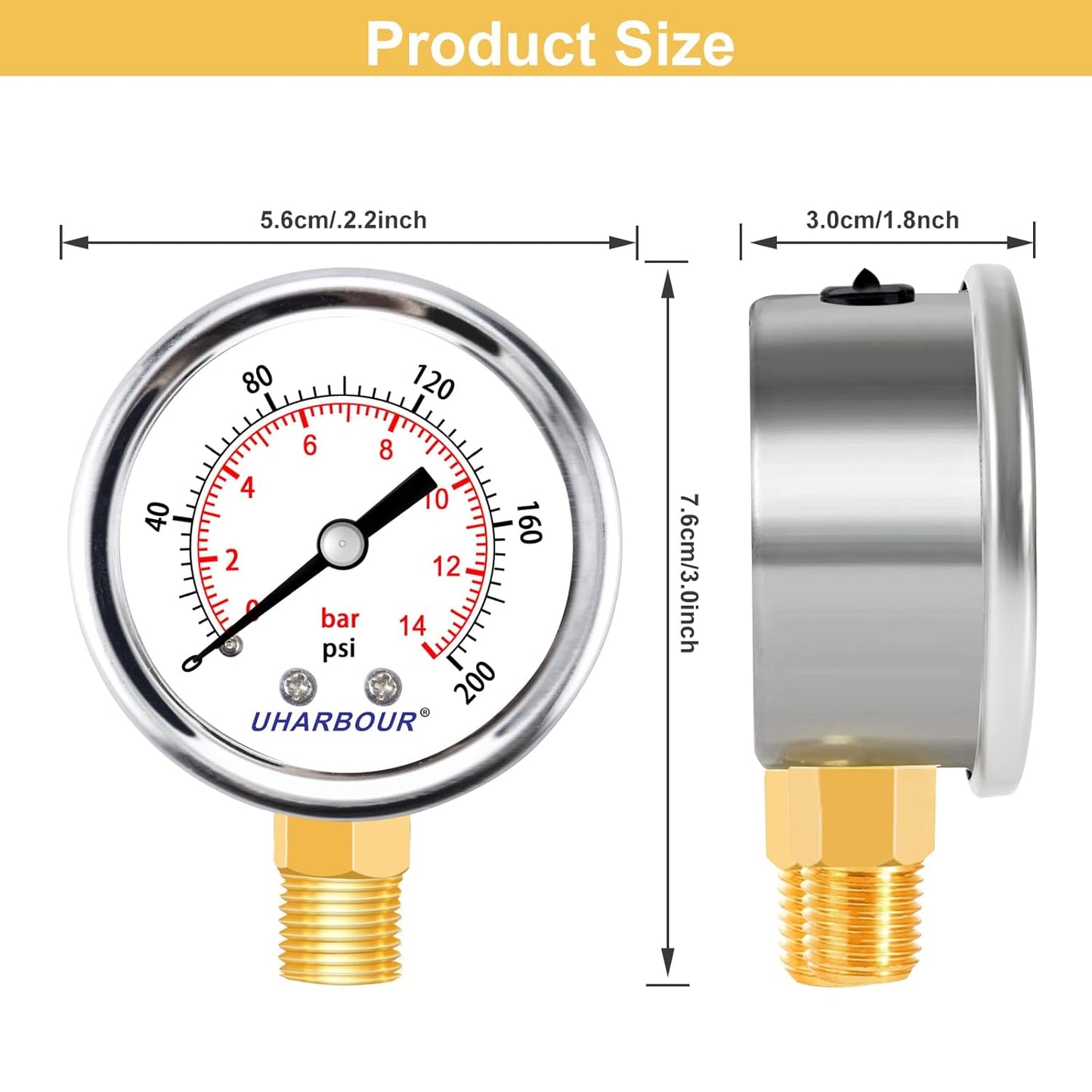 Lead-Free Pressure Gauge 1/4 NPT 0-200 Psi 2" Dial Stainless Steel Case, 1/4 NPT Lower Mount Pressure Gauge