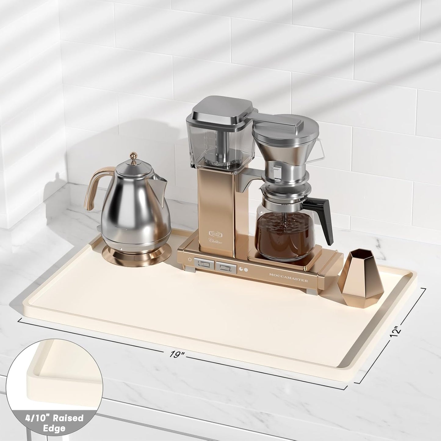 Rnivvi Silicone Coffee Mat, 12" x 19" Waterproof Raised Edge Coffee Bar Mats for Espresso Machine Station Accessories, Heat Resistant Dish Drying Pad for Kitchen Counter, Rubber Bar Decor Pad, Beige