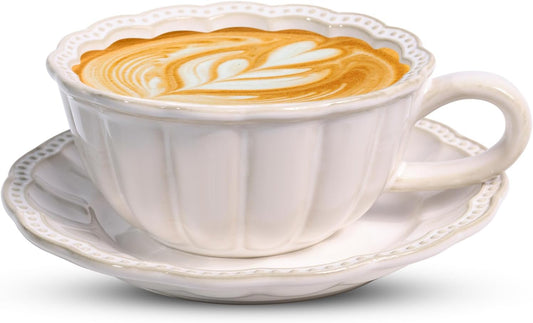 12 OZ Latte Cup with Saucer, Cappuccino Cup Vintage Cafe Art Cups for Espresso Turkish Coffee, Farmhouse Latte Mugs Tea Cups and Saucers Porcelain Set for Christmas Thanksgiving Day Gift