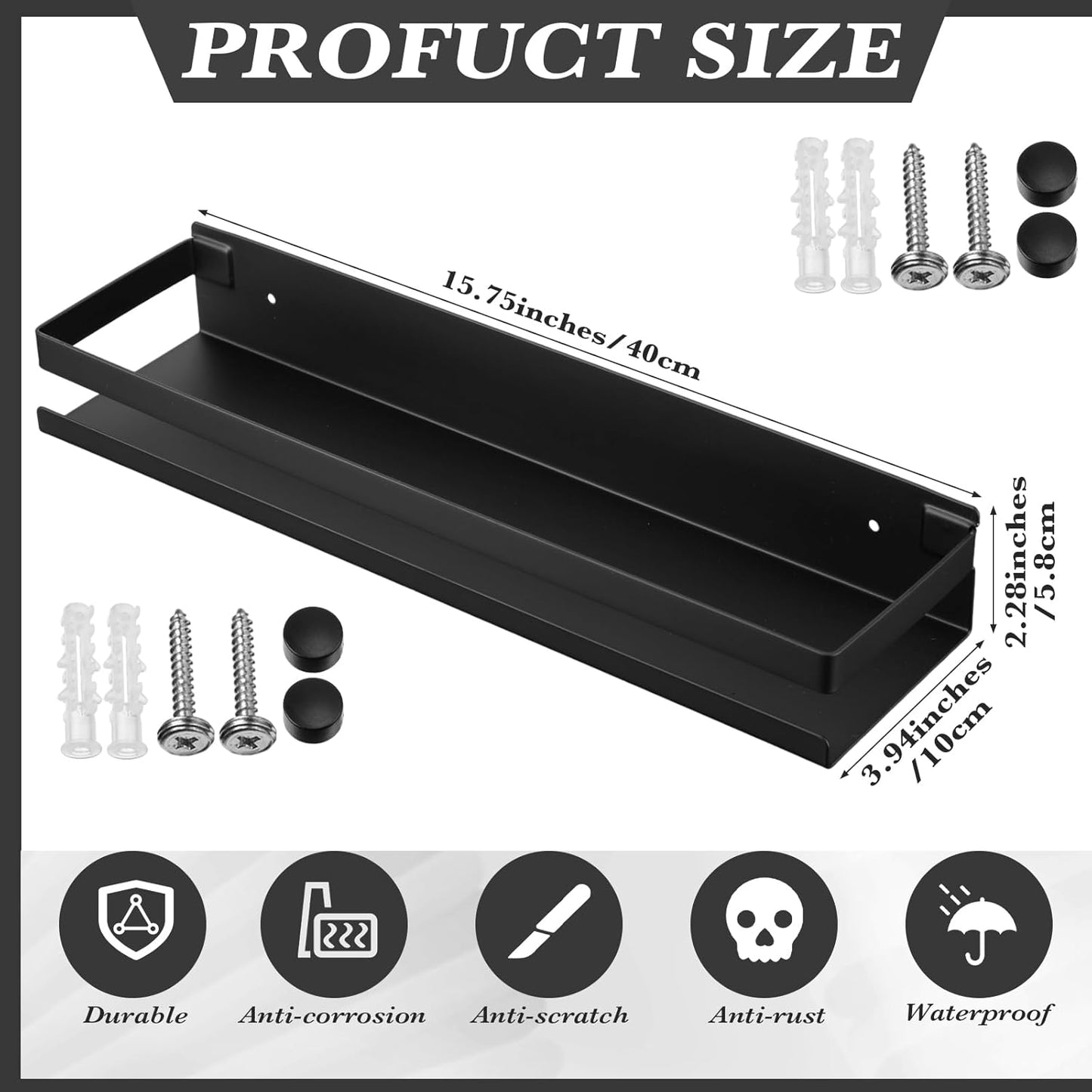 Lallisa 2 Pieces Stainless Steel Shelf Bathroom Shower Floating Shelves Wall Mounted Shower Caddy Basket Shelf Storage Organizer Shelves for Bathroom, Kitchen, Living Room (Black,15.75 Inch/ 40 cm)