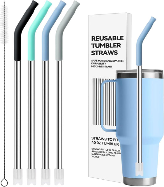 Stainless Steel Straws for 42 oz YETI Tumbler, 4 Pcs Metal Straws Reusable with Silicone Tip for 42 oz YETI, 30oz Stanley Cup(Color 1)