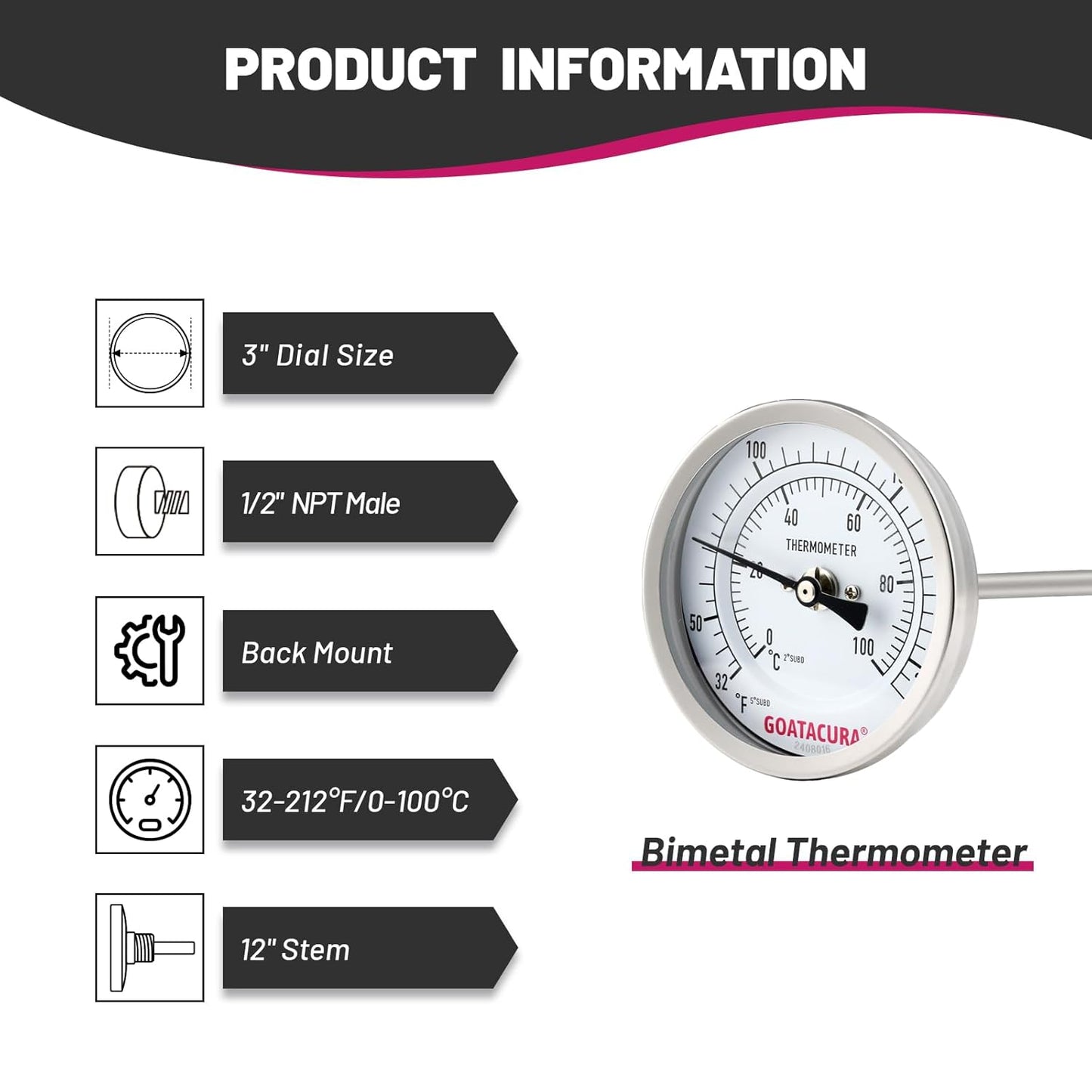 Dial Thermometer for Brewing, 304 Stainless Steel Case and Probe, 3" Dial Size, 12" Stem Length, 32-212 Deg F/0-100 Deg C, 1/2" NPT Back Mount