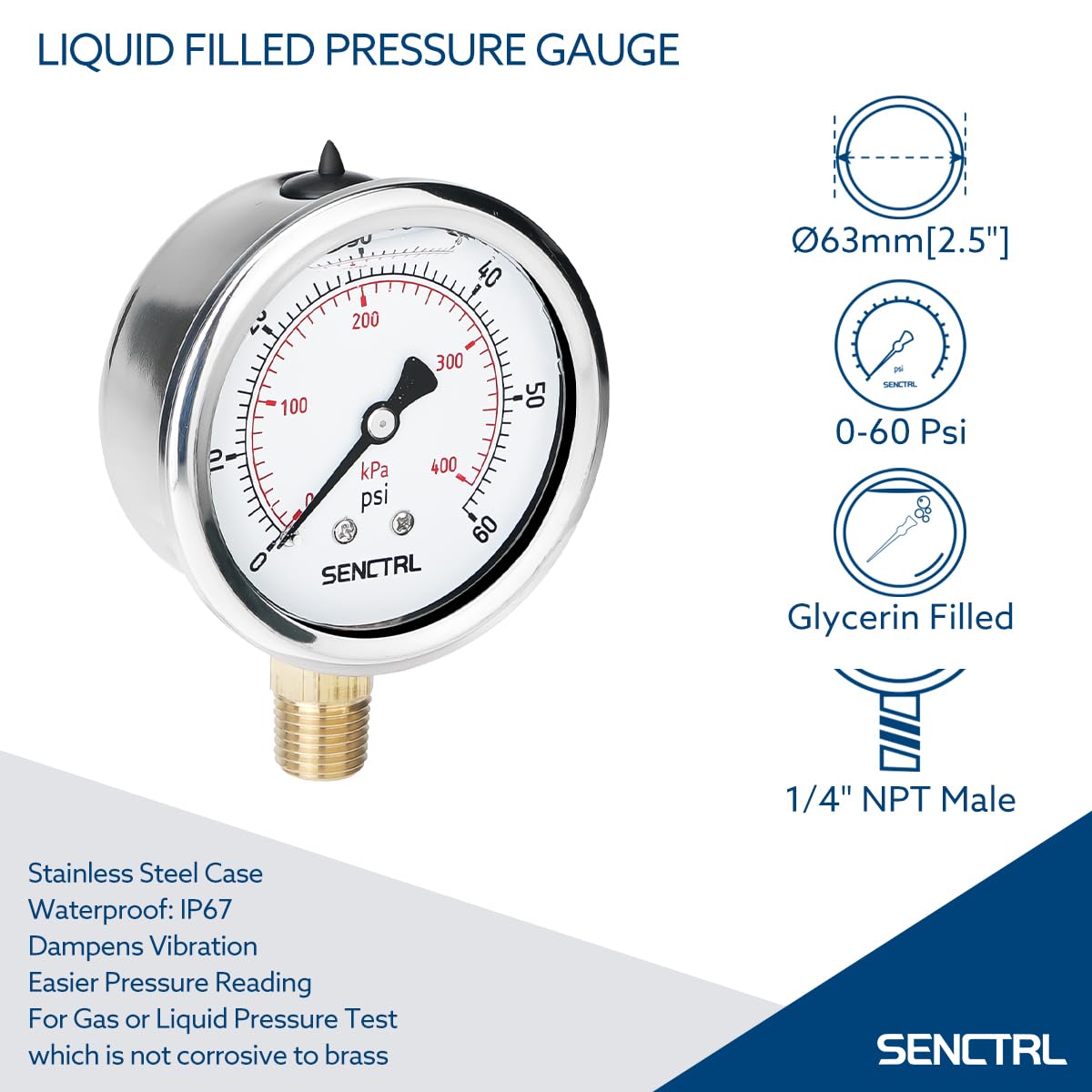 SENCTRL 60 Psi Glycerin Liquid Filled Low Pressure Gauge, 2.5" Dial Size, 1/4" NPT Lower Mount, Stainless Steel Case, Pool Sand Filter Water Pump Tire Water Oil Air Pressure Test