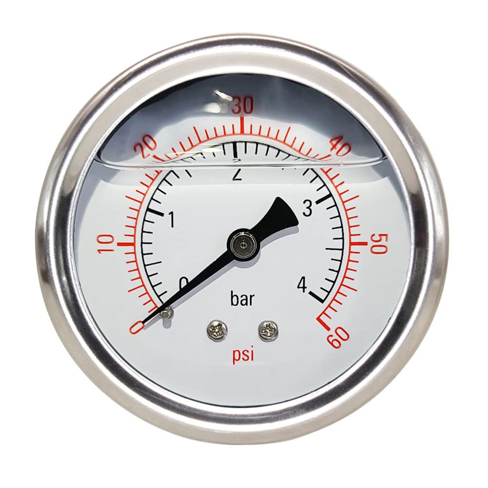 Pressure Gauge 1/4" NPT 0-60Psi Glycerin Filled 2 1/2 inch Dial 304 Stainless Steel Case Center Back Mount
