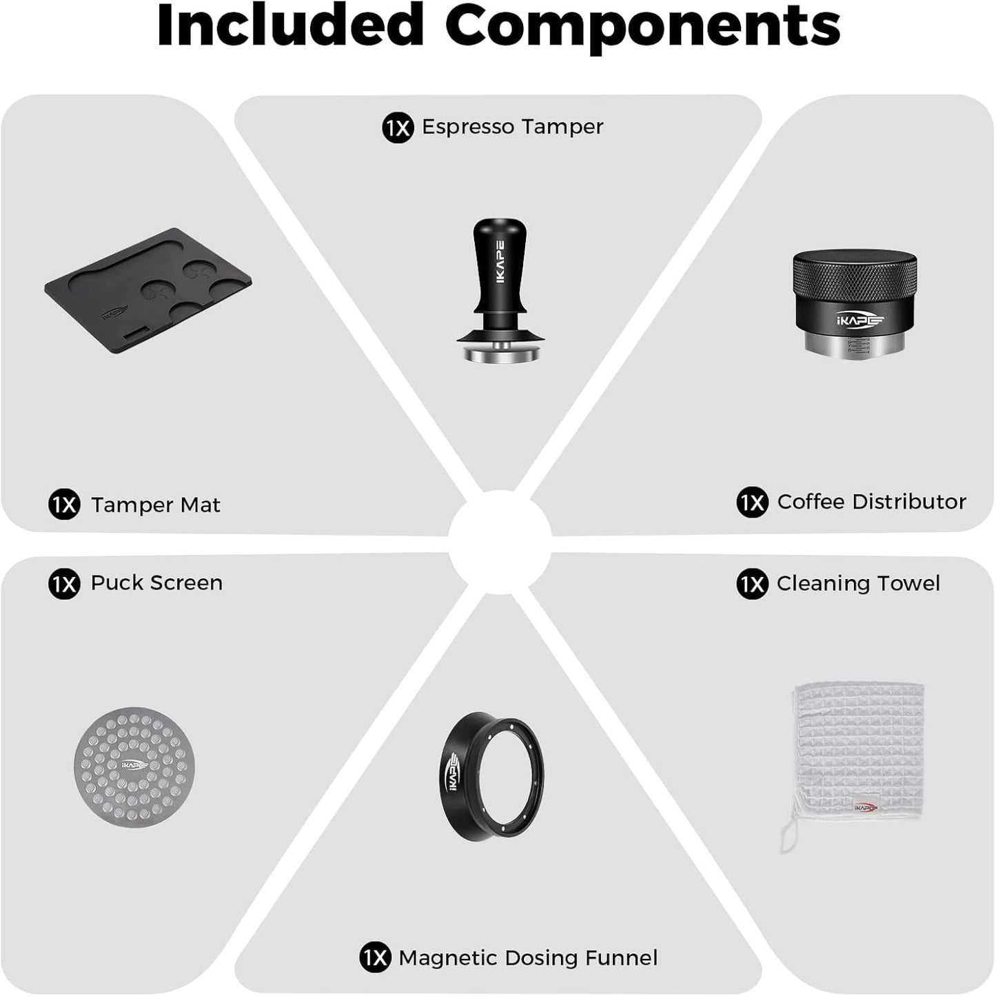 IKAPE 51MM Espresso Tamper Kit Black 6 IN 1, Espresso Accessories Kit Featuring Coffee Tamper, Distributor, Magnetic Dosing Funnel, Silicone Mat, Puck Screen, Cleaning Towel