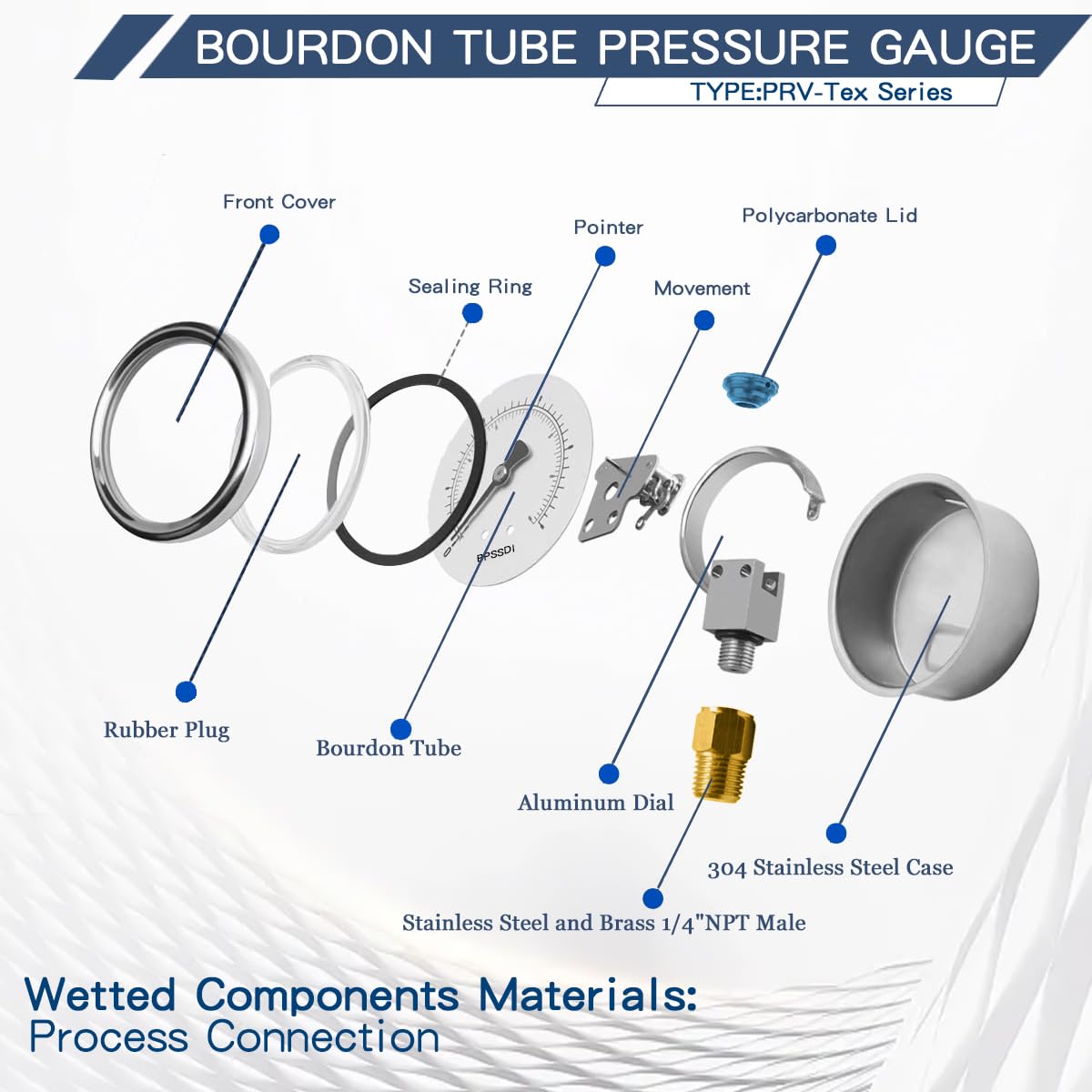 0-200 Psi Pressure Gauge, 2.5" Dial Size, 1/8" NPT Lower Mount, 304 Stainless Steel Case, Water Pressure Gauge Test for Pool Pump, Sand Filter, Air Compressor, Espresso(with Tape)