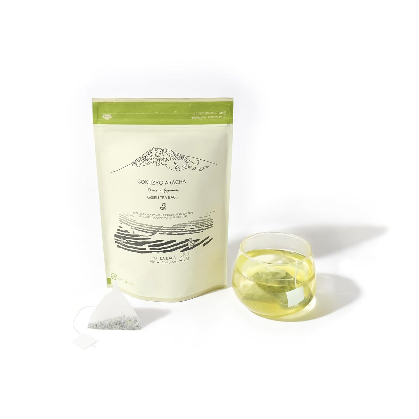 Japanese Green Tea Co. Aracha Gokuzyo Japanese Green Tea Bags (50 Pack) Biodegradable Soilon Pyramid Sachets, Premium Loose-Leaf Quality in Convenient Teabags, Rich Aroma & Flavor, Hot & Cold Brew