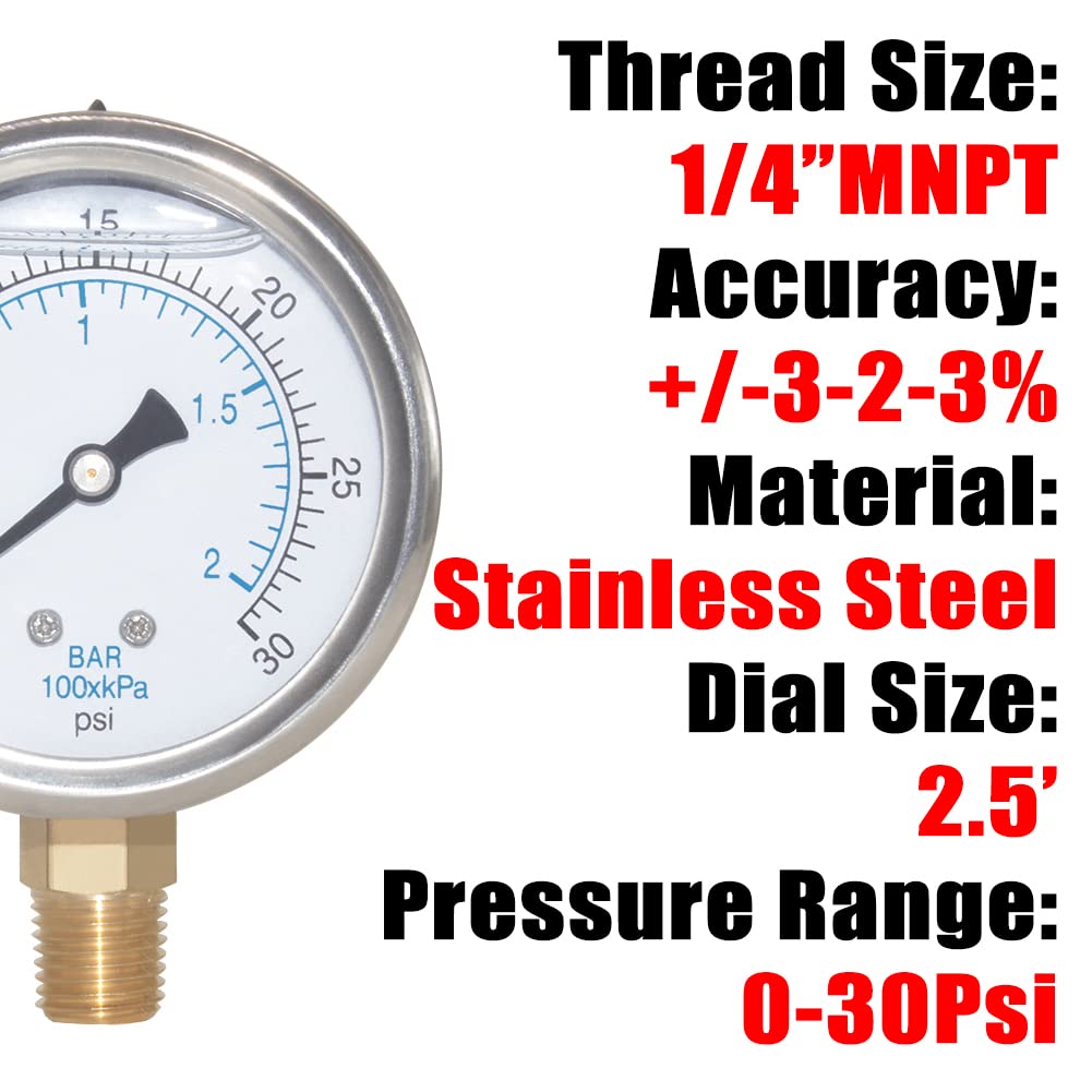 2-1/2" Dial 1/4" NPT 0~30Psi 304 Stainless Steel Glycerin Filled Pressure Gauge Bottom Mount