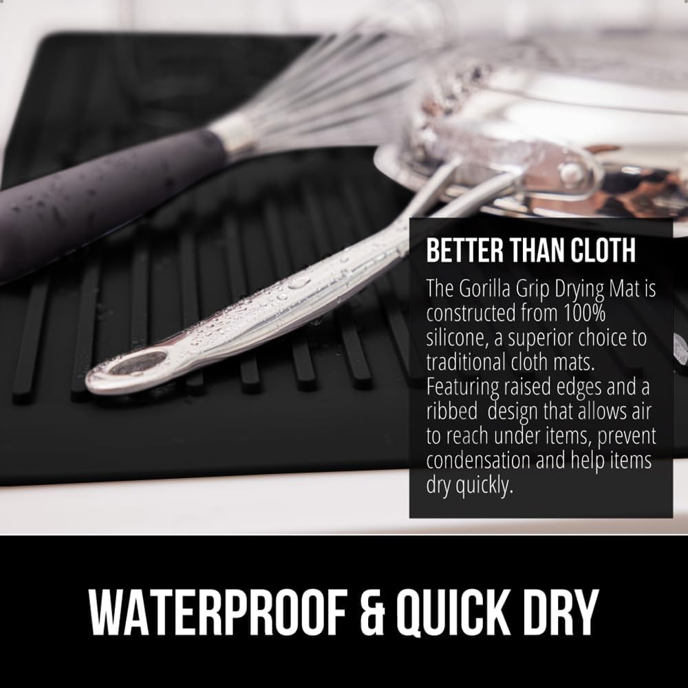 GORILLA GRIP 100% BPA-Free Patented Silicone Dish Drying Mat for Kitchen Counter, Water Catching Ribbed Design, Easy Clean Waterproof Sink Liner, Heat Resistant, Fits Under Rack, 16x12 Inch, Black